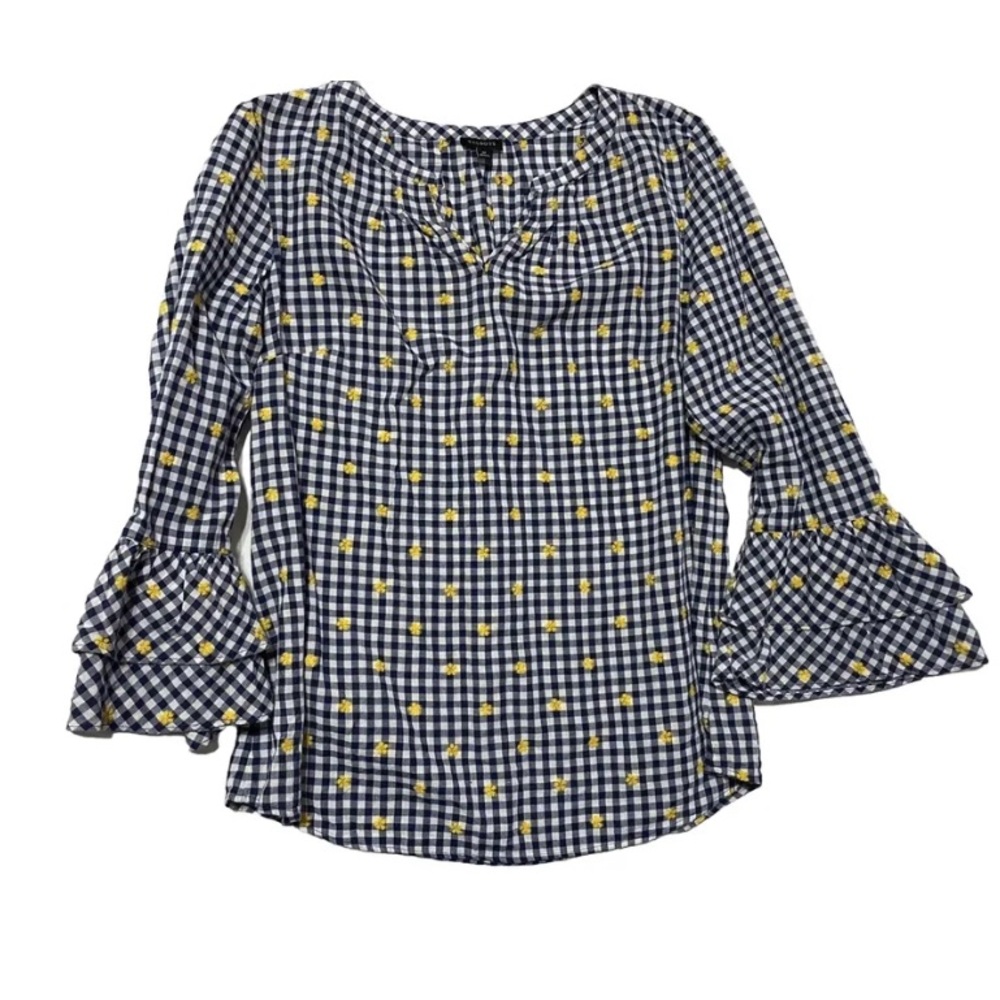 Talbots Blue Gingham Plaid Yellow Floral Embroidered Bell Sleeve Blouse Medium